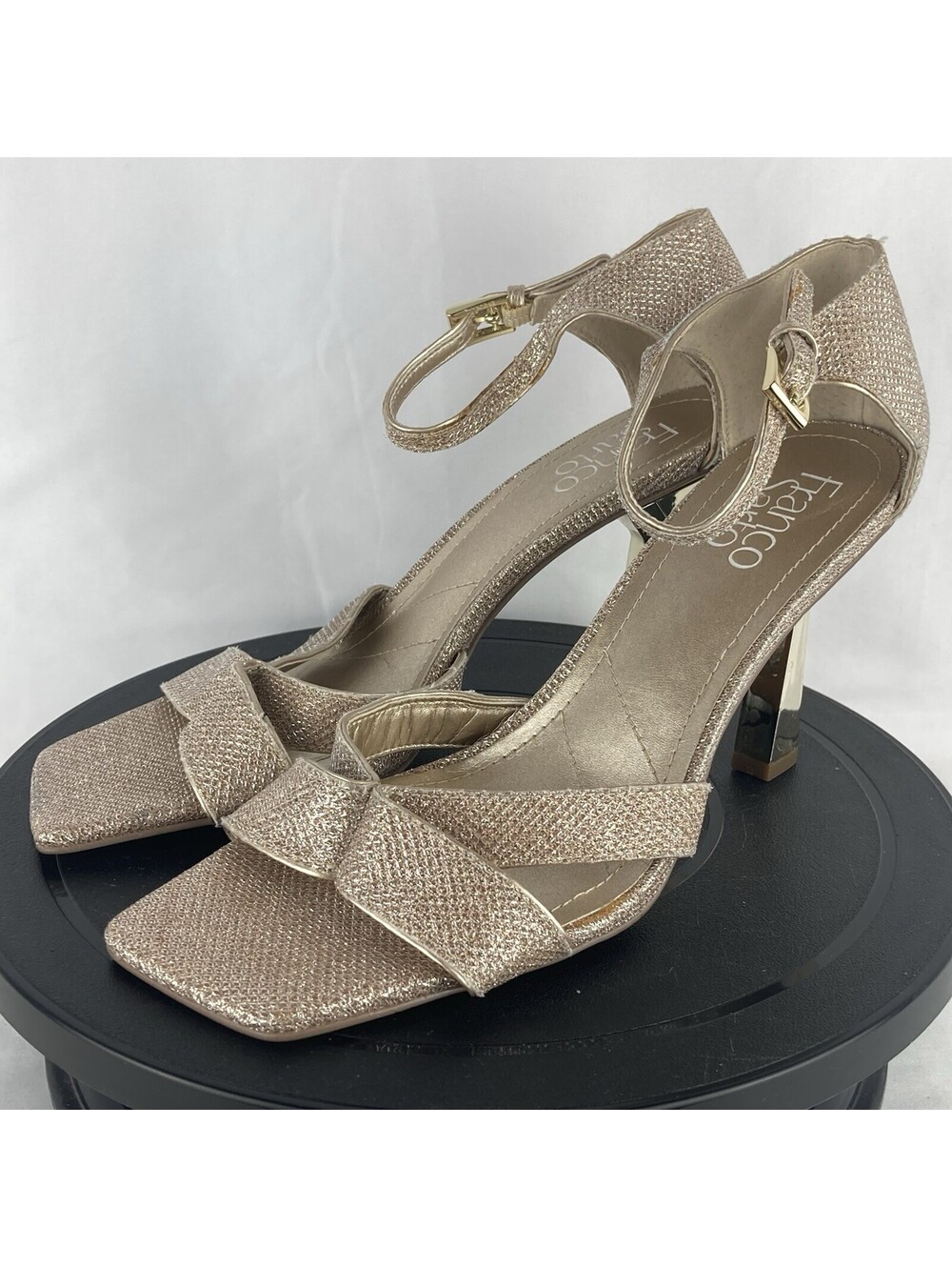 Women’s 8 Franco Sarto Rania2 Heels Sandals Gold Sparkle Ankle Strap Square Toe